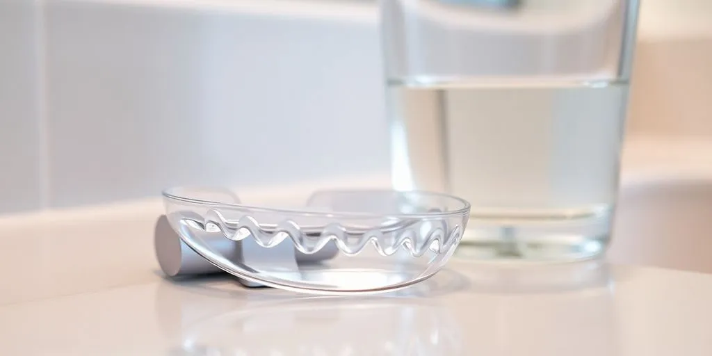 Invisalign aligner and glass of water on counter.