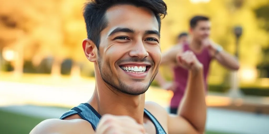 Fit adult in workout gear with Invisalign aligners outdoors.