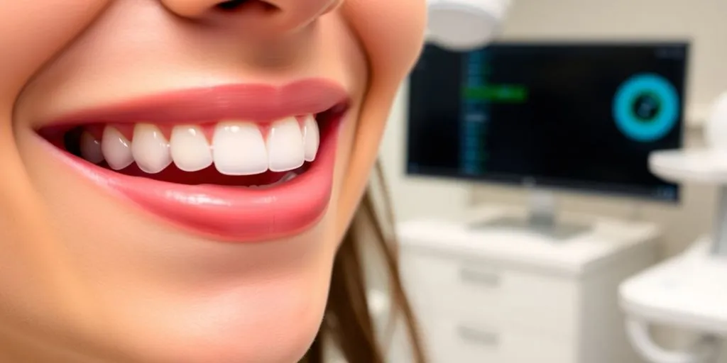 Person with Invisalign aligners smiling in a dental office.