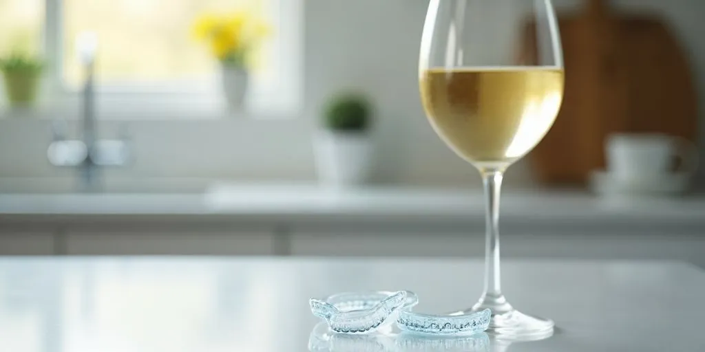 Invisalign aligners beside a glass of red wine.