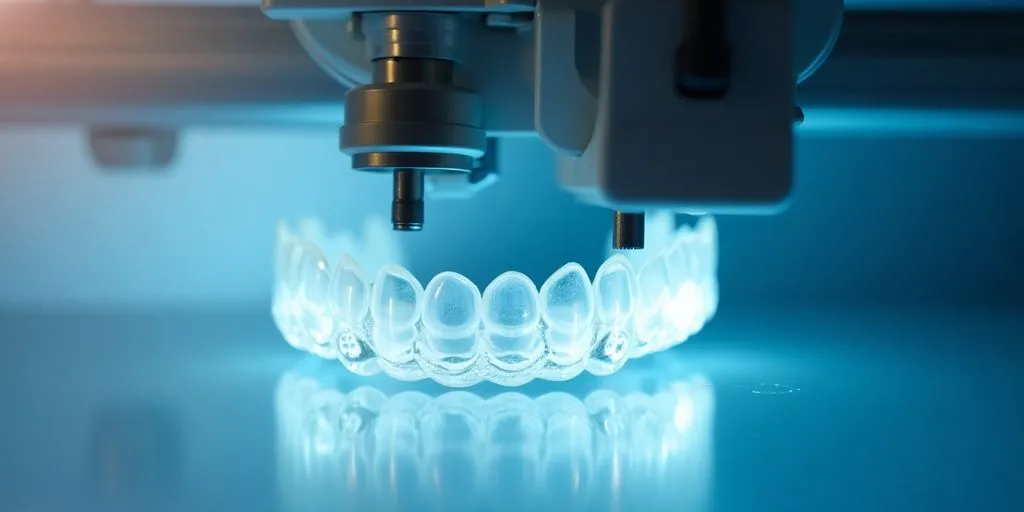 3D printer creating a clear aligner for orthodontics.