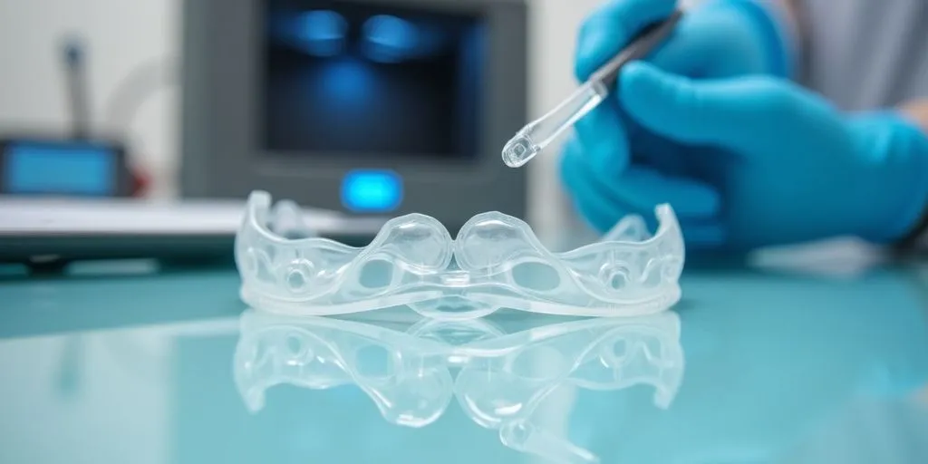 Invisalign aligners on a dental workstation with 3D printer.