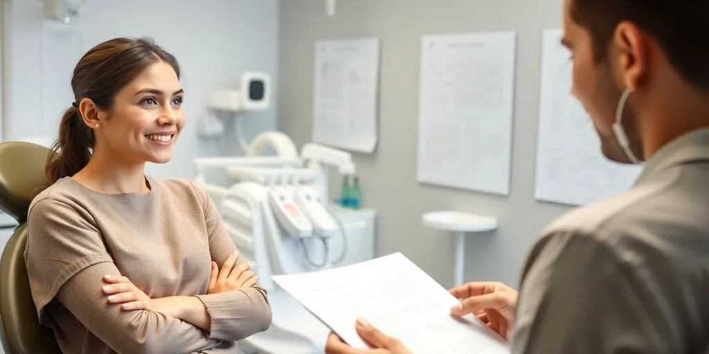 Patient consulting orthodontist in a dental office.