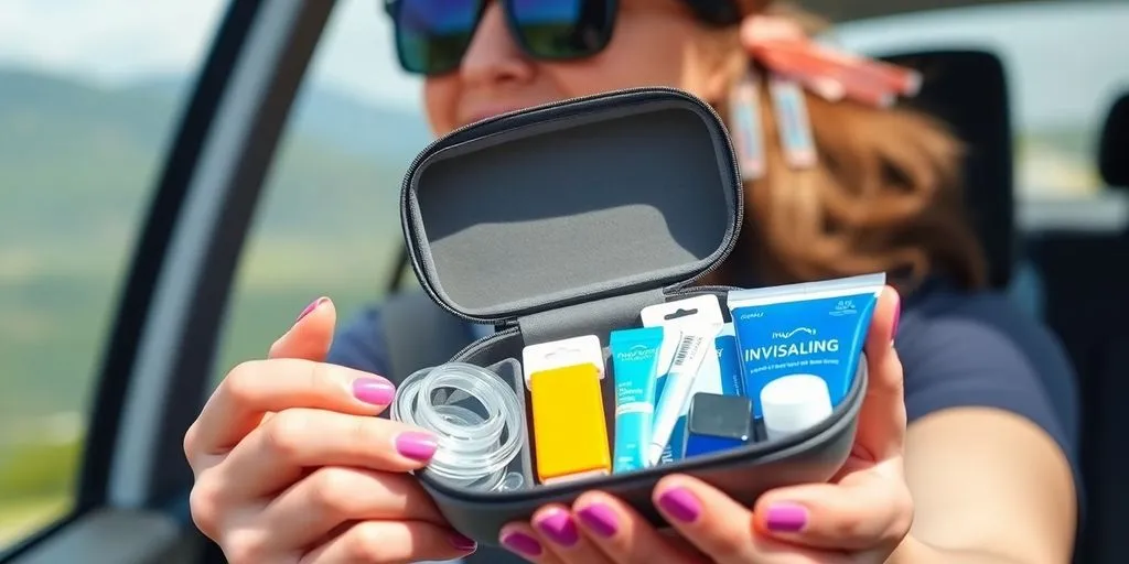 Invisalign travel kit with aligners and cleaning supplies.